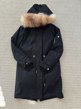 Soia & Kyo Woman’s Black/Green Parka Coat with Fur-Trim Hood XS (Retail $998)